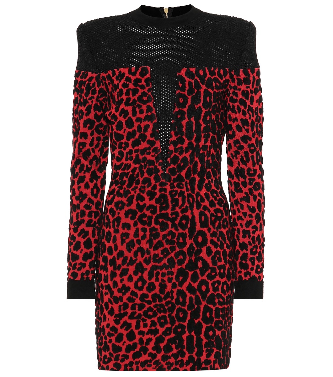 BALMAIN Open-knit and leopard dress